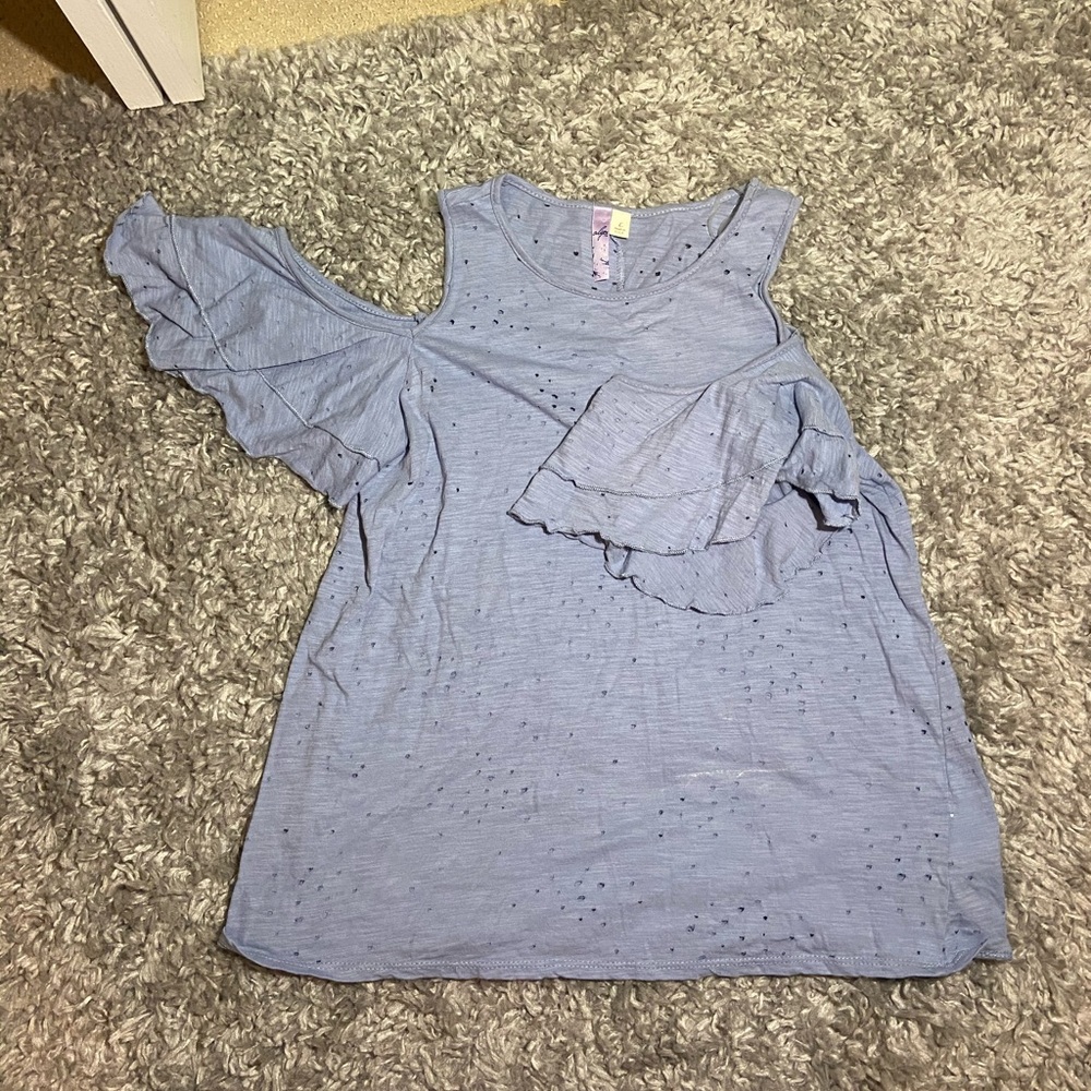 Cold shoulder ruffle sleeve top with little holes